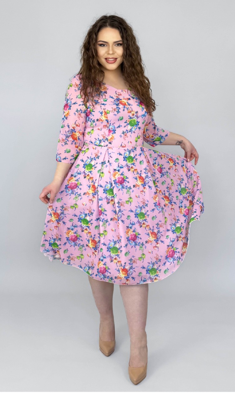 Rochie din voal in semiclos cu imprimeu floral multicolor