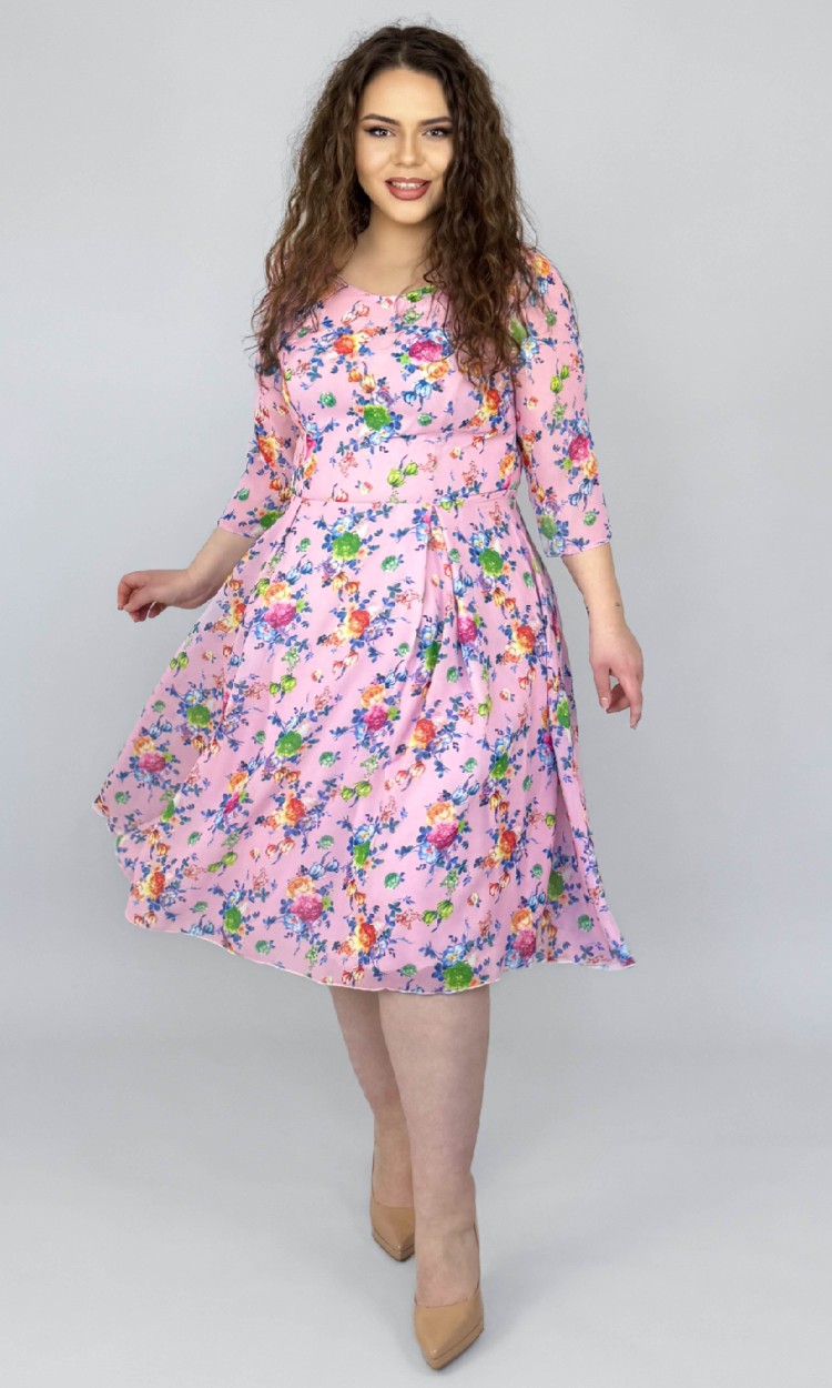 Rochie din voal in semiclos cu imprimeu floral multicolor