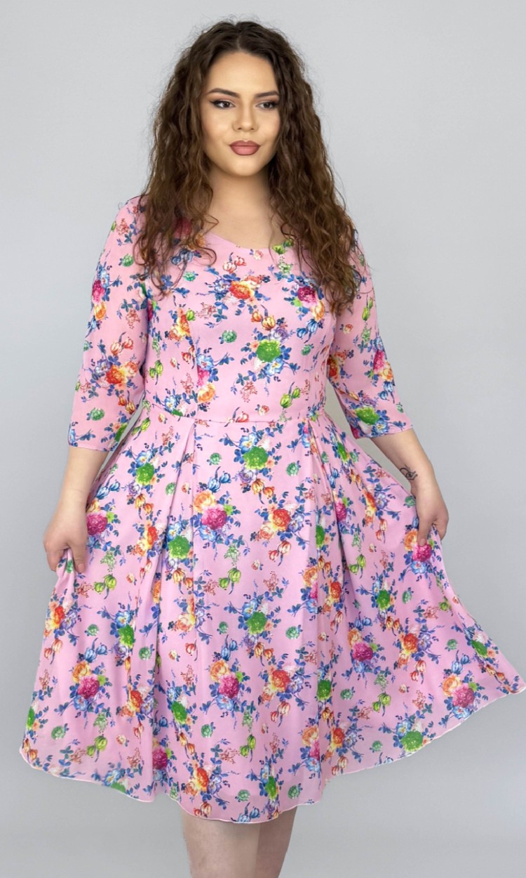 Rochie din voal in semiclos cu imprimeu floral multicolor