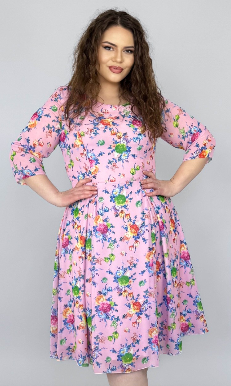 Rochie din voal in semiclos cu imprimeu floral multicolor