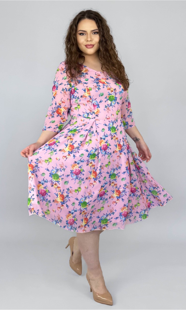 Rochie din voal in semiclos cu imprimeu floral multicolor