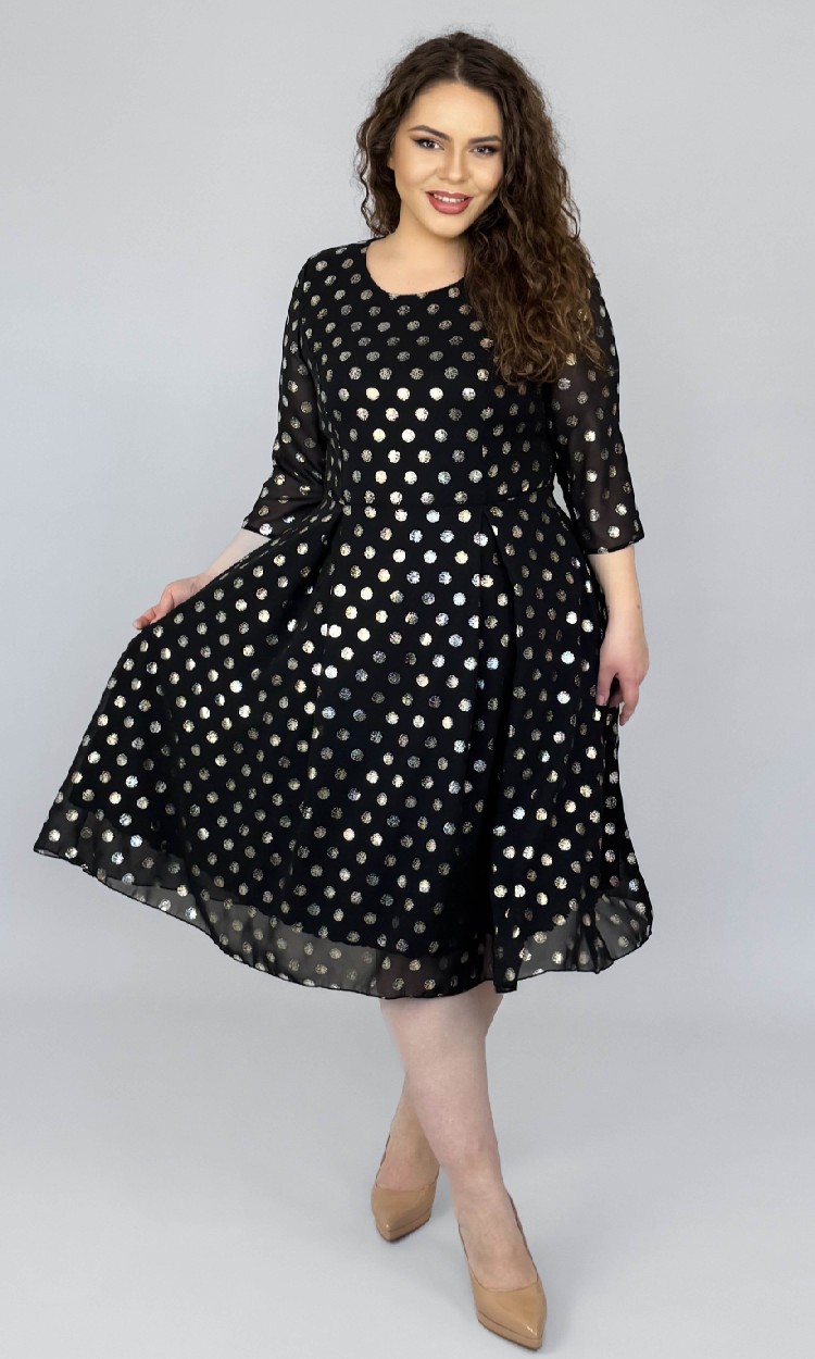 Rochie din voal in semiclos neagra cu imprimeu buline