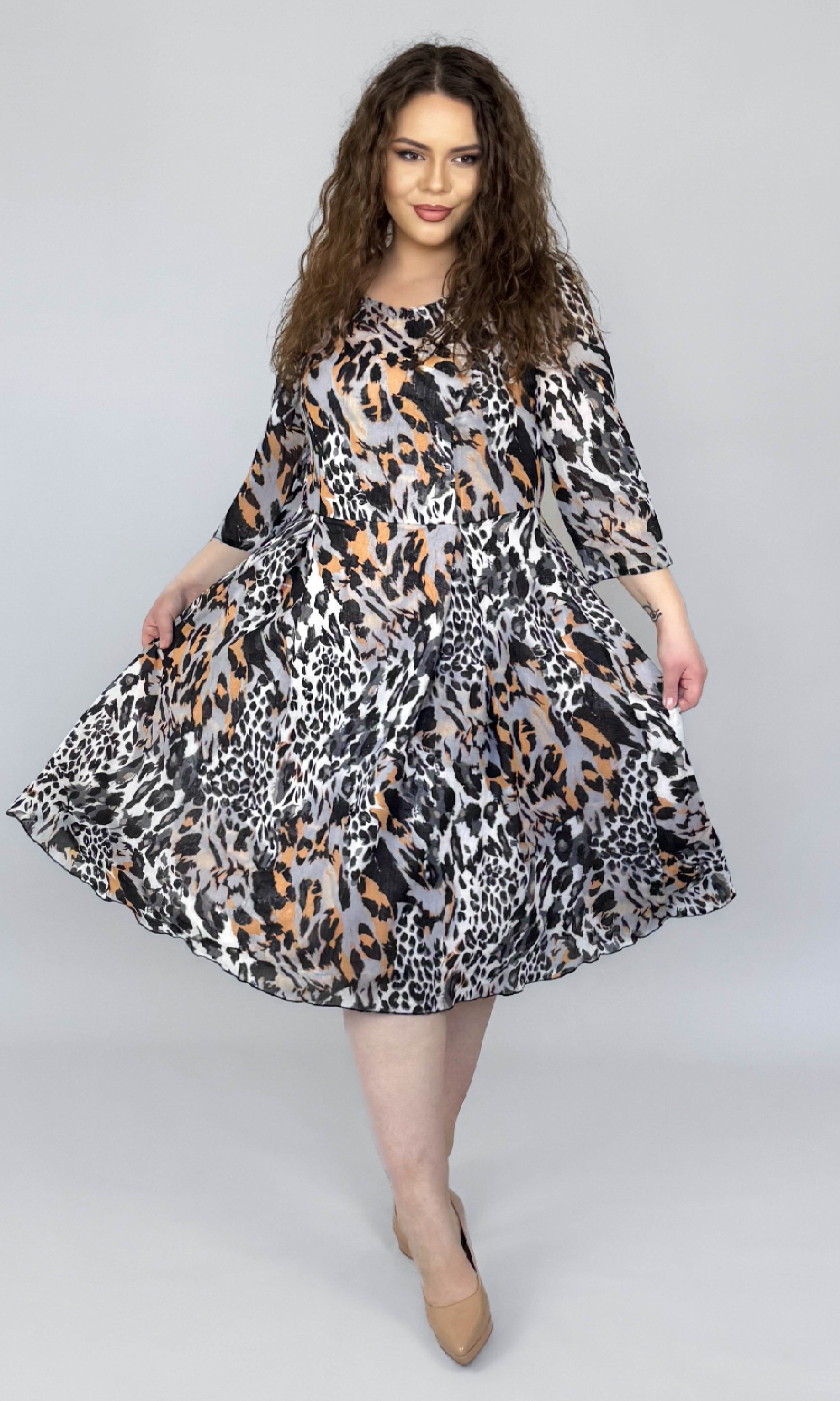 Rochie din voal in semiclos cu imprimeu animal print