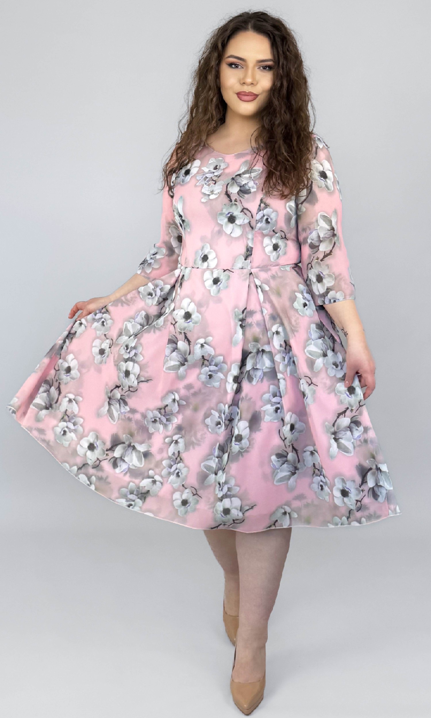 Rochie din voal in semiclos cu imprimeu floral magnolii