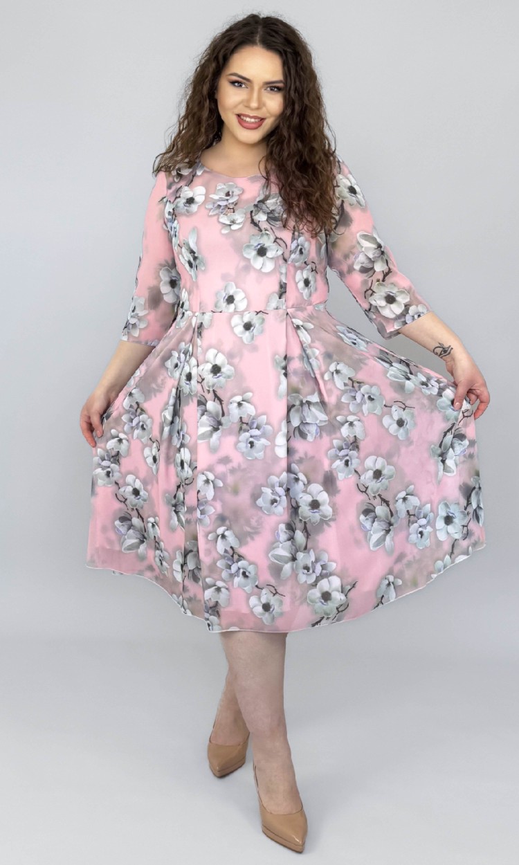 Rochie din voal in semiclos cu imprimeu floral magnolii