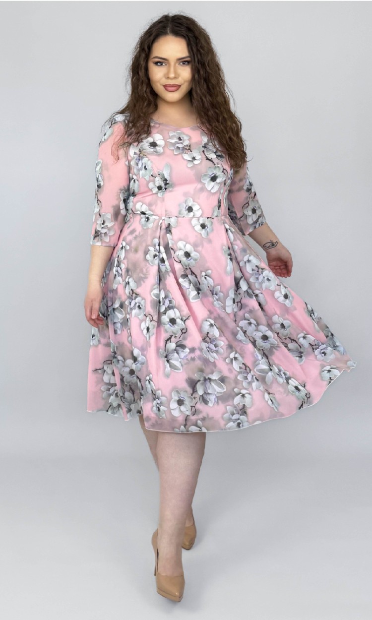 Rochie din voal in semiclos cu imprimeu floral magnolii