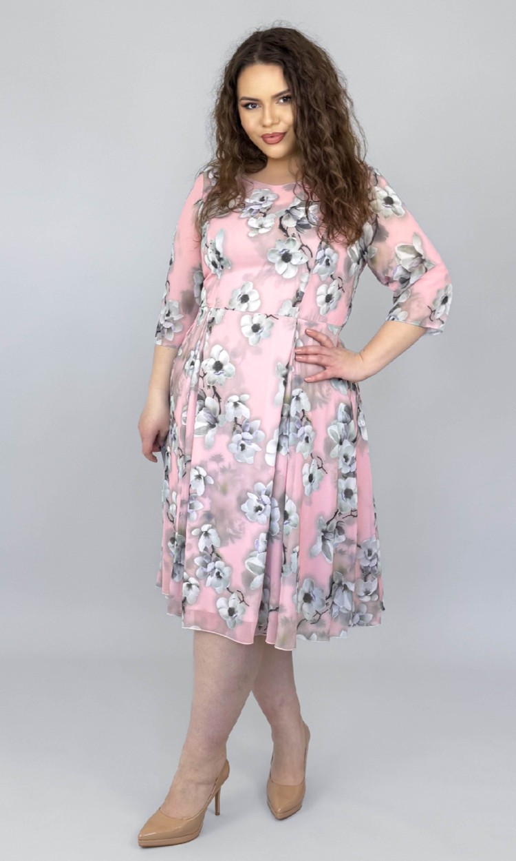 Rochie din voal in semiclos cu imprimeu floral magnolii