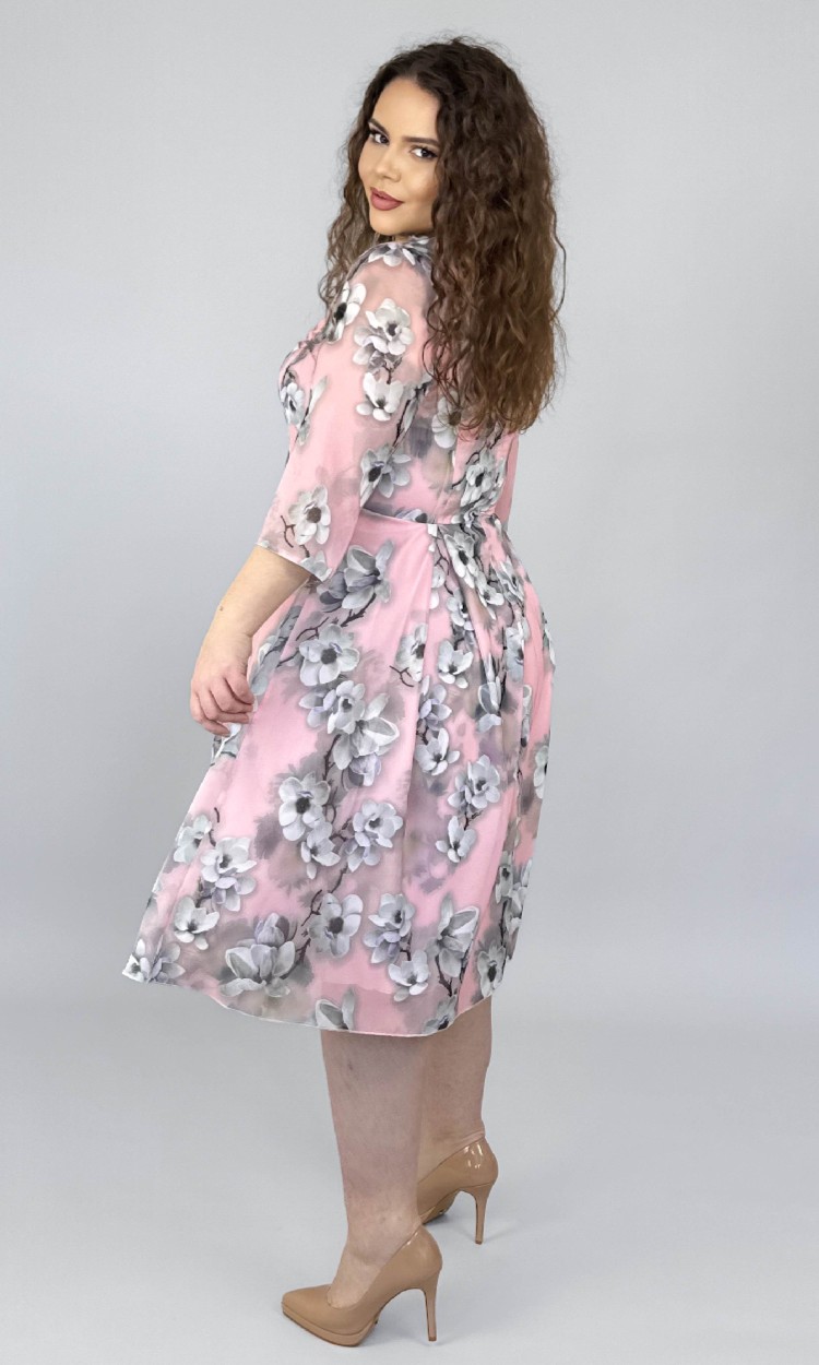 Rochie din voal in semiclos cu imprimeu floral magnolii