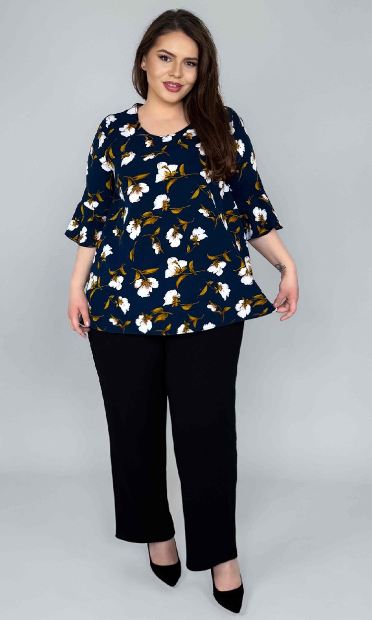 Compleu lejer cu bluza cu imprimeu floral bleumarin